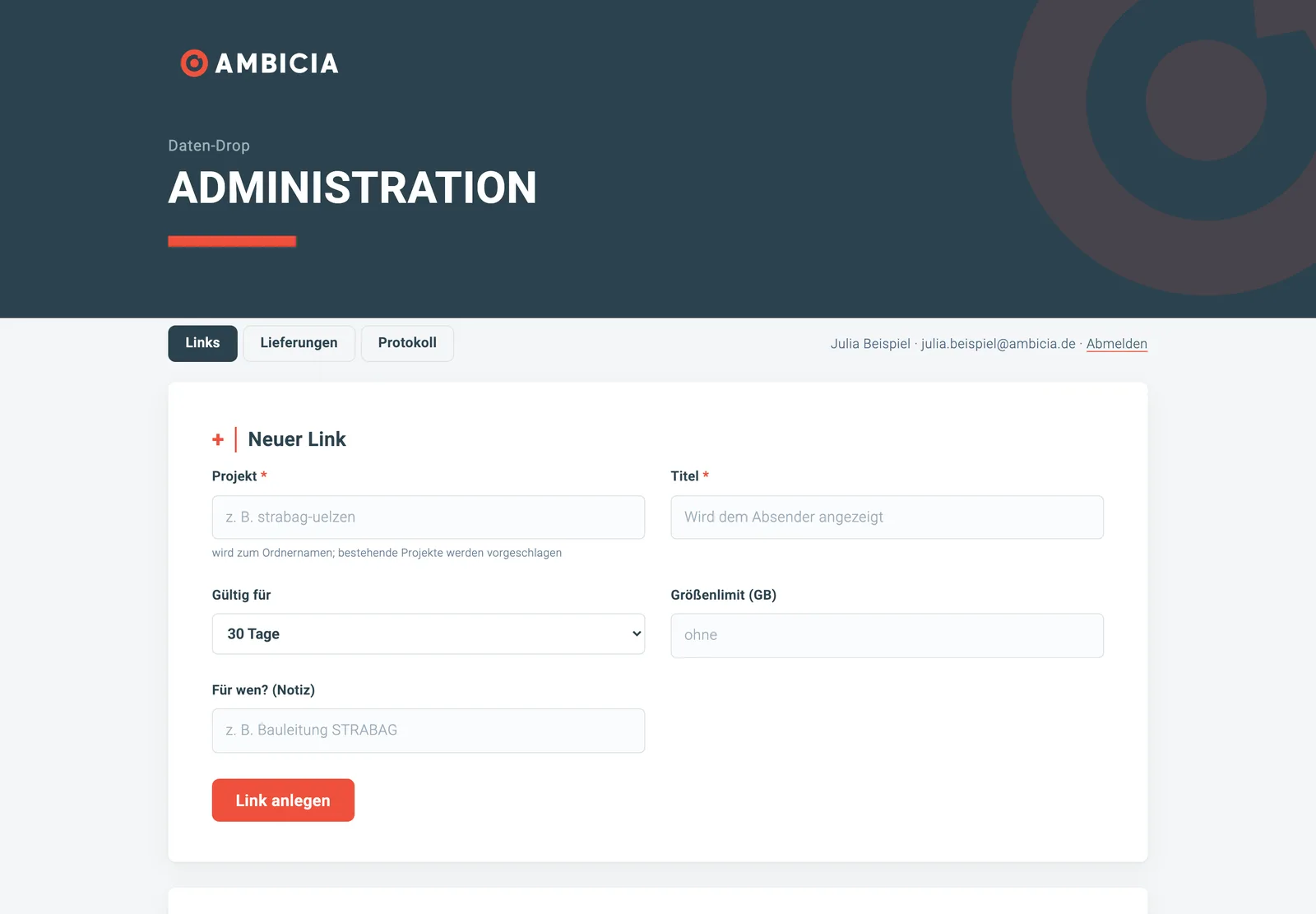Administration im AMBICIA-Design: neuen Upload-Link anlegen
