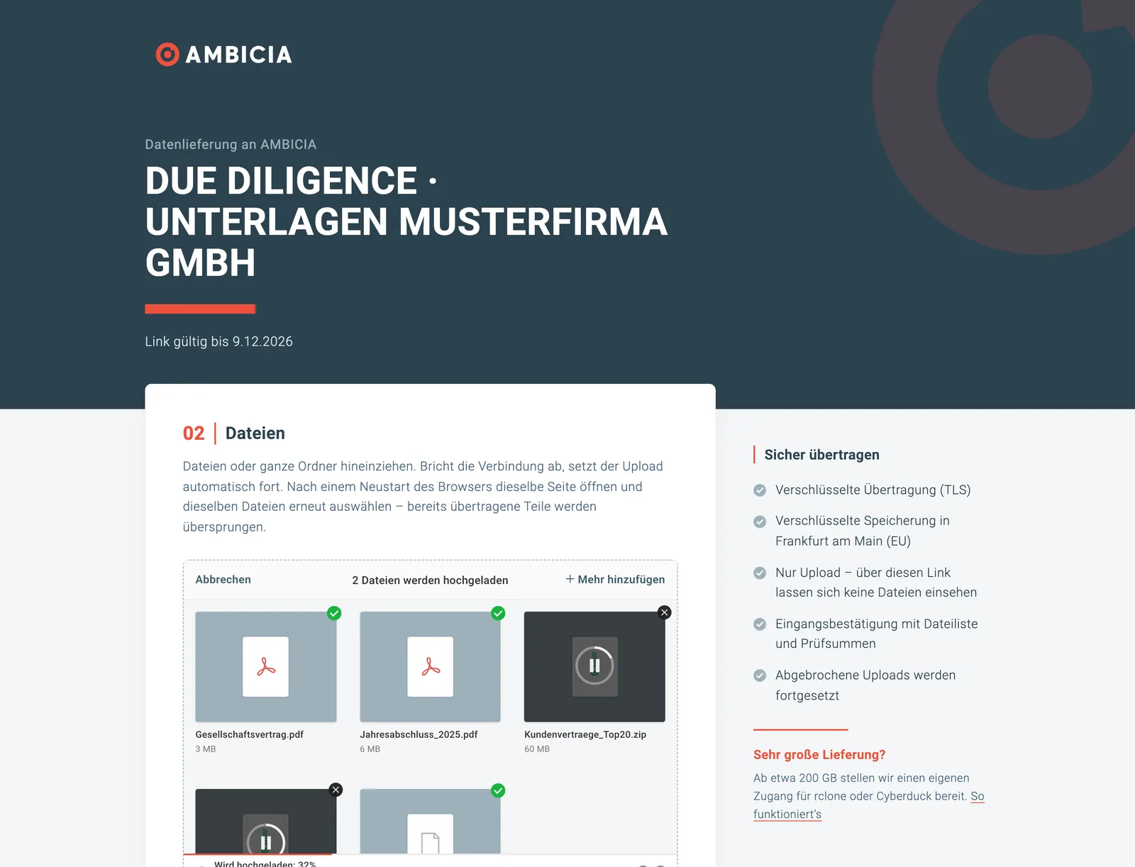 Upload-Seite im AMBICIA-Design: Partner lädt Unterlagen hoch