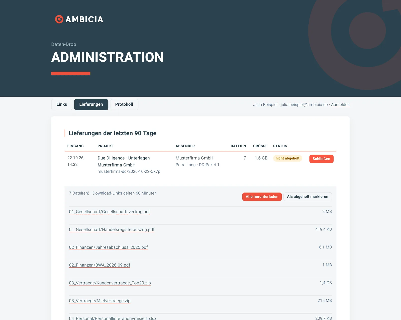 Administration im AMBICIA-Design: Lieferung mit Dateiliste und Download-Knöpfen