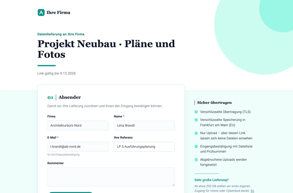 Daten-Drop im Beispiel-Design „Ihre Firma“: hell, Petrol, Serifenschrift